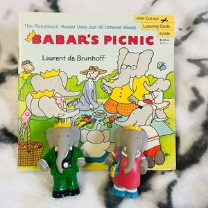 VTG Babar's Picnic Children’s Paperback Book/ 2 Babar & Queen Celeste Figurines